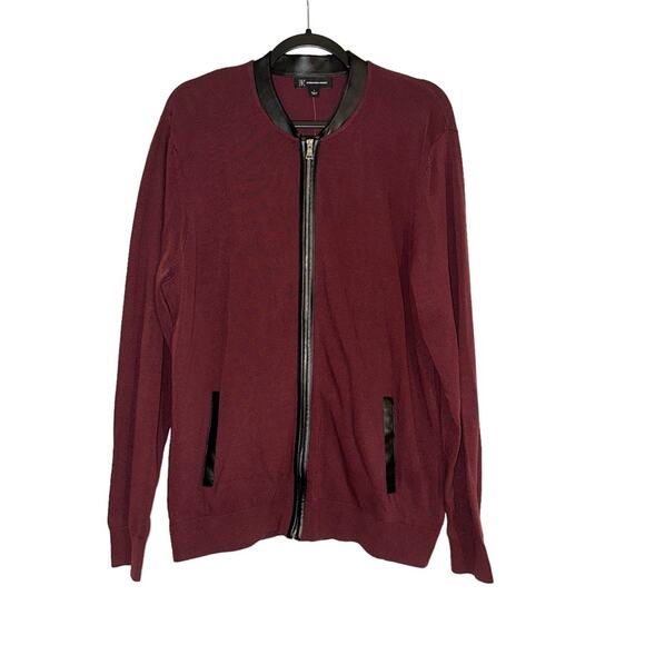 NWT INC International Concepts Men Zip Up Faux Leather Trim Burgundy Cardigan L - Picture 2 of 7